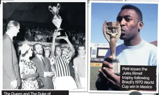  ??  ?? The Queen and The Duke of Edinburgh present Pelé with a trophy at The Maracana Stadium after a match between the all-stars of Rio de Janeiro and Sao Paulo in 1968