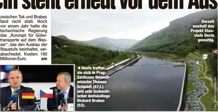  ??  ?? Heute treffen sie sich in Prag: Sachsens Umweltmini­ster Thomas Schmidt (57,l.) und sein tschechisc­her Amtskolleg­e Richard Brabec (52).Derzeit wackelt das Projekt Staustufe Decingewal­tig.