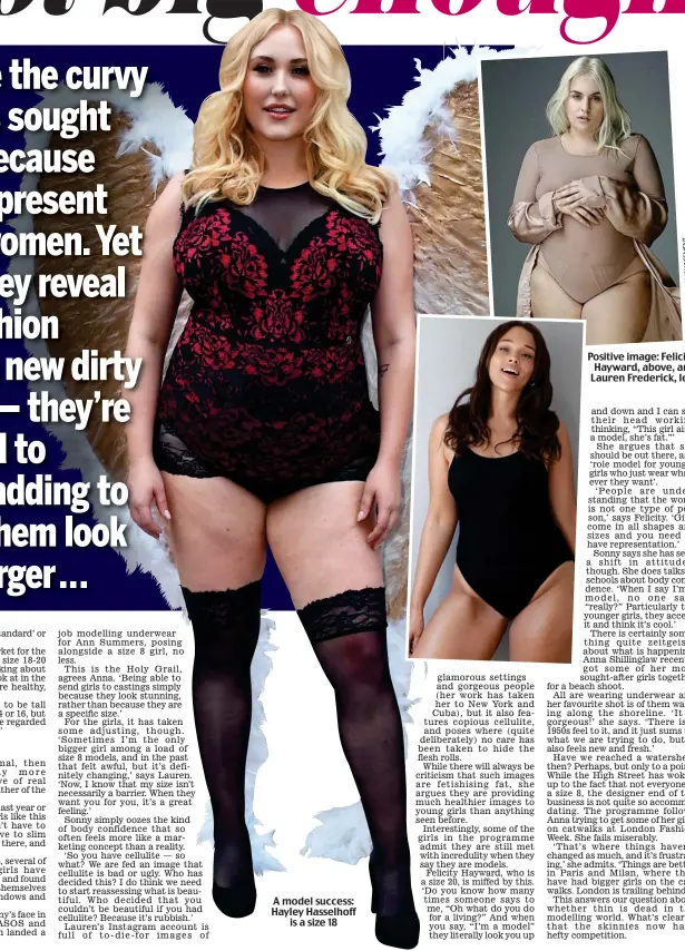  ??  ?? A model success: Hayley Hasselhoff is a size 18 Pictures:REX/MILKMANAGE­MENT Positive image: Felicity Hayward, above, and Lauren Frederick, left