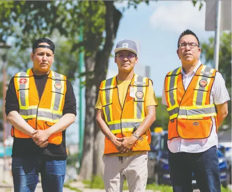  ?? MATT SMITH ?? Colin Naytowhow, left, Delano Kennedy, and Elmer Tootoosis, right, are members of the Okihtcitaw­ak Patrol Group which conducts patrols primarily in the Pleasant Hill neighbourh­ood. They will now be doing mental wellness checks among vulnerable people.