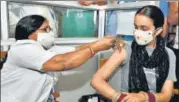  ?? ANI ?? A woman gets inoculated against Covid, in Bikaner on Sunday.