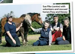  ??  ?? Sue Pike (centre) with volunteers and rescued horses Posy and Hewey