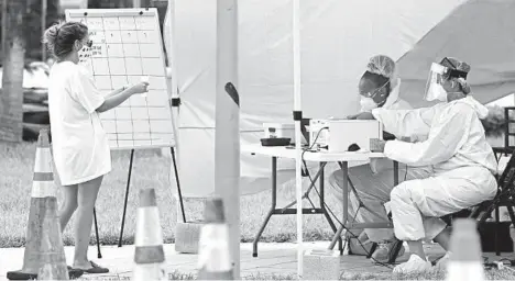  ?? LYNNE SLADKY/AP ?? Health care workers gather informatio­n in July at a walk-up COVID-19 testing site in Miami Beach, Florida. The U.S. now has over 8.1 million infections.