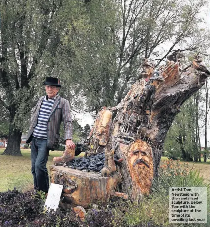  ??  ?? Artist Tom Newstead with the vandalised sculpture. Below, Tom with the sculpture at the time of its unveiling last year