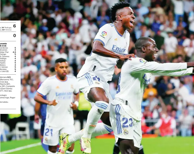  ?? ?? Mendy y Vinicius celebran uno de los goles del Real Madrid al Levante