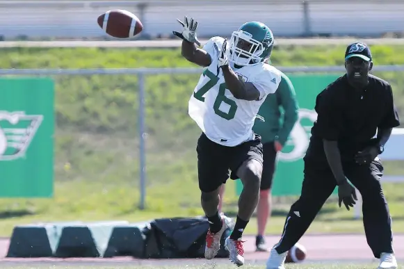  ?? MICHELLE BERG ?? He doesn’t have the size the Riders covet in their receivers, but Kyran Moore has stood out for his speed and athleticis­m in camp and pre-season action.