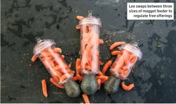  ??  ?? Lee swaps between three sizes of maggot feeder to regulate free offerings