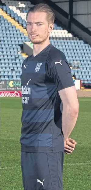  ?? Picture: David Young. ?? Comeback striker Craig Wighton models Dundee’s home kit for season 2018-19 at Dens Park yesterday.