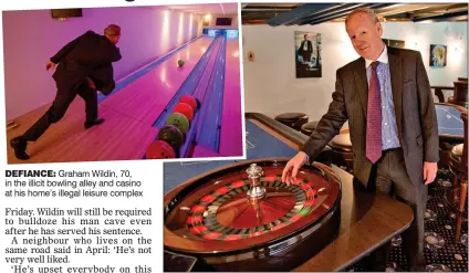 ?? ?? DEFIANCE: Graham Wildin, 70, in the illicit bowling alley and casino at his home’s illegal leisure complex