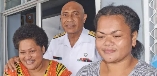  ?? Photo: Ronald Kumar ?? Republic of Fiji Military Forces Commander Rear Admiral Viliame Naupoto with Lute Tubuna, 42, and Liliana Gade, 39, at the Stanley Brown Naval Base in Walu Bay, Suva, on May 19, 2020.