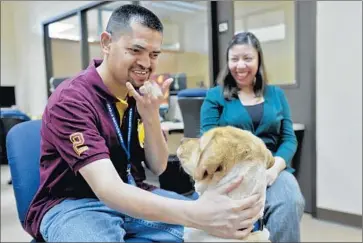  ?? Stuart Palley
For The Times ?? JOSE AMAYA and his wife, Tania, greet Jose’s service dog at the Braille Institute. They married f ive years ago after dating for two years. Jose works at a clothing store in Northridge, and Tania still teaches at the institute.