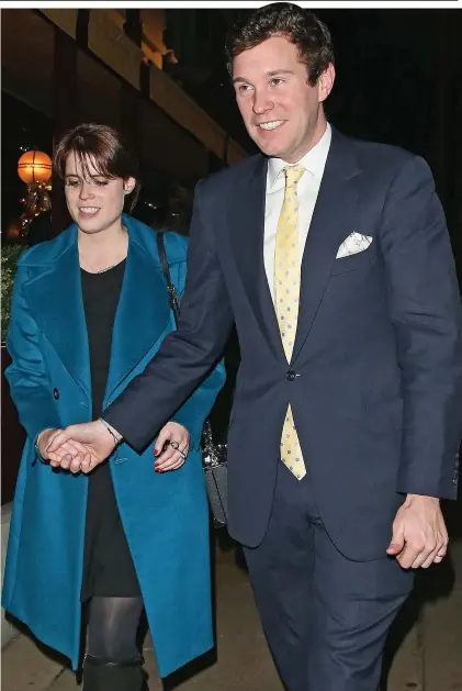  ??  ?? Heading down the aisle? Princess Eugenie’s band on her ring finger, inset, and Jack’s similar ring this week