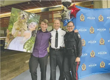  ?? ?? Edmonton Police Service Supt. Tom Pallas, centre, at his retirement party with a photograph of his daughter Maksi, 18, who is playing profession­al handball in Germany; son Zac, 20; and Pallas's wife Nikki, who works in the EPS recruit training unit. Pallas says he found life exciting with the EPS.