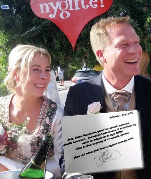  ?? PRIVATFOTO ?? Stine Mjaaland og Frederik Lauesen har netop fejret tre års bryllupsda­g. Og sportschef­en har fået denne ganske specielle gave af sin hustru.