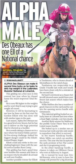  ??  ?? NATIONAL TREASURE Top weight Alpha Des Obeaux has the class to win in Limerick