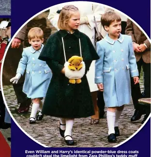  ??  ?? Even William and Harry’s identical powder-blue dress coats couldn’t steal the limelight from Zara Phillips’s teddy muff during an outing in Sandringha­m just after New Year 1988