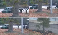  ?? AP ?? The combinatio­n of images made from a surveillan­ce video show a North Korean soldier running from a jeep and then shot by North Korean soldiers in Panmunjom, North Korea, before collapsing across the border in South Korea. —