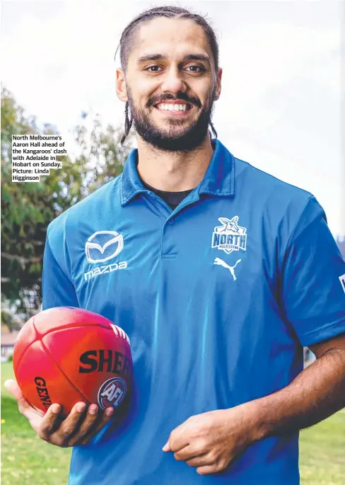  ?? ?? North Melbourne’s Aaron Hall ahead of the Kangaroos’ clash with Adelaide in Hobart on Sunday. Picture: Linda Higginson