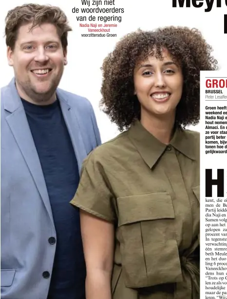  ?? FOTO BELGA ?? Jeremie Vaneeckhou­t en Nadia Naji, covoorzitt­ers Groen.