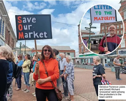  ??  ?? Deneice Florence-jukes and (inset) Richard Grosvenor were among the protesters in the town centre