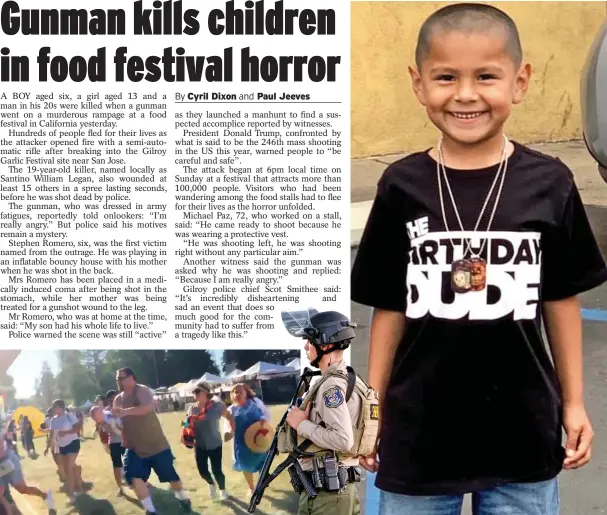  ??  ?? Stephen Romero, aged six, right, was killed as he played with his family; festival goers run for their lives, left, before police, centre, shot the gunman dead