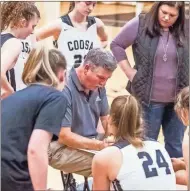 ?? Steven Eckhoff ?? Coosa head coach Jason Shields talks to his players during a timeout last season. Shields earned his 500th career win Thursday night as the Lady Eagles defeated Woodland.