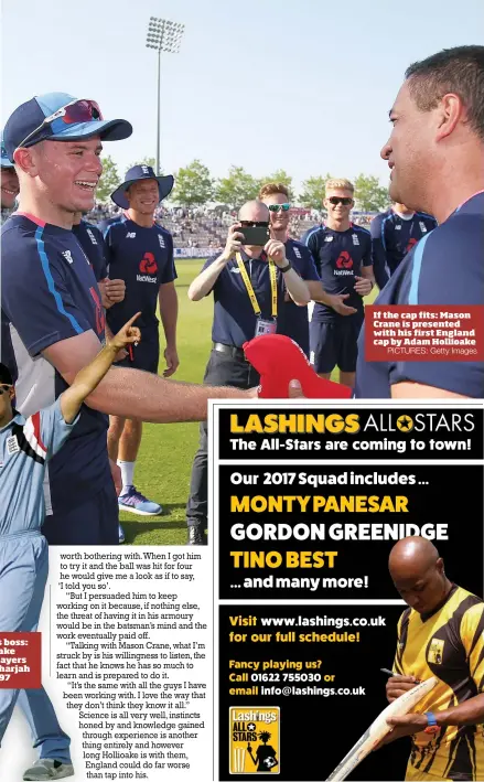  ?? PICTURES: Getty Images ?? If the cap fits: Mason Crane is presented with his first England cap by Adam Hollioake