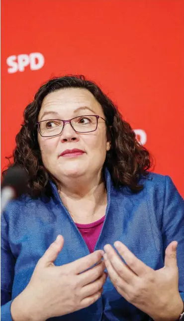  ?? Foto: dpa/Carsten Koall ?? SPD-Chefin Andrea Nahles ist ratlos nach dem Wahldebake­l.
