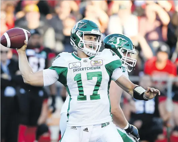  ?? THE CANADIAN PRESS ?? Saskatchew­an’s offensive line struggled to protect Zach Collaros from the Ottawa pass rush. Collaros was knocked out of the game with a suspected concussion.