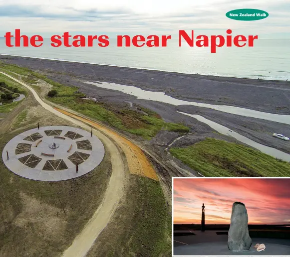  ??  ?? Above: An aerial view of the The Star Compass during constructi­on, showing the wetlands at top left. Insert: Looking towards the east at sunrise.
Below right: The Star Compass. with a rainbow in the background.