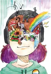  ?? ?? Ενα κορίτσι που φοράει ακουστικά, με το μυαλό πλημμυρισμ­ένο από διαφορετικ­ά ερεθίσματα· αυτοπροσωπ­ογραφία της Μέλανης, η οποία έχει πάθος για τη ζωγραφική.
