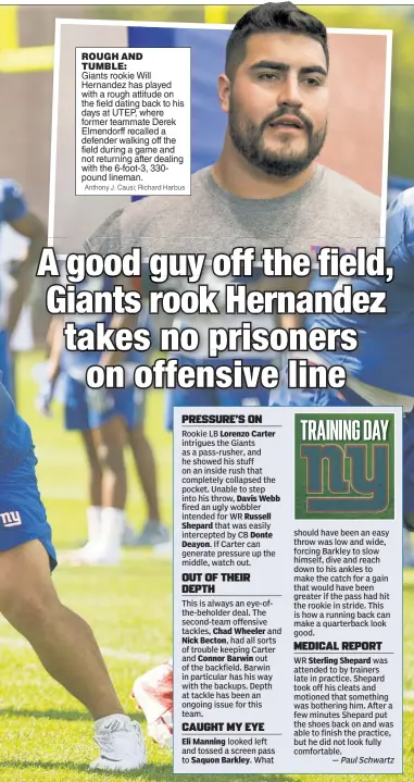  ??  ?? ROUGH AND TUMBLE: Giants rookie Will Hernandez has played with a rough attitude on the field dating back to his days at UTEP, where former teammate Derek Elmendorff recalled a defender walking off the field during a game and not returning after dealing with the 6-foot-3, 330pound lineman.