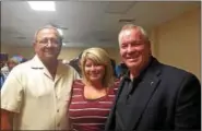  ?? RECORD FILE PHOTO ?? Cohoes Mayor Shawn Morse, right, and his wife, Brenda stand with Albany County Legislator Gil Ethier during a Primary Night party in September 2016at the city’s American Legion post.