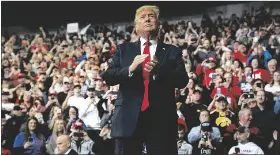  ?? EVAN VUCCI/AP ?? PRESIDENT DONALD TRUMP ARRIVES to speak at a campaign rally at the Knapp Center on the campus of Drake University on Jan. 30, 2020 in Des Moines, Iowa.