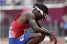  ?? Photograph: Petr David Josek/AP ?? Cravon Gillepie of the United States reacts after Thursday’s men’s 4x100m qualifying heat.