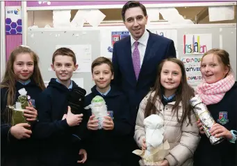  ??  ?? Pupils from the Glebe NS in Wicklow town showing Minister for Health Simon Harris their project.