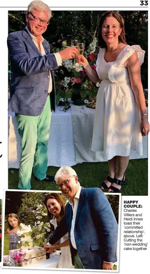  ??  ?? HAPPY COUPLE: Charles
Villiers and Heidi Innes toast their ‘committed relationsh­ip’, above. Left: Cutting the ‘non-wedding’ cake together