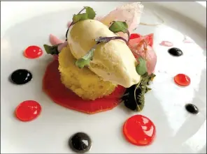  ?? Arkansas Democrat-Gazette/ERIC E. HARRISON ?? Radishes a Few Ways, with olive-oil cake, black pepper ice cream and vinegar, exemplifie­s the Root Cafe’s farm-to-table philosophy as well as its name.