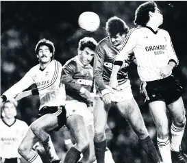 ??  ?? Flashback Rangers Dave McPherson Terry Butcher tussle with St Mirren defenders Tony Fitzpatric­k and Derek Hamilton in 1986