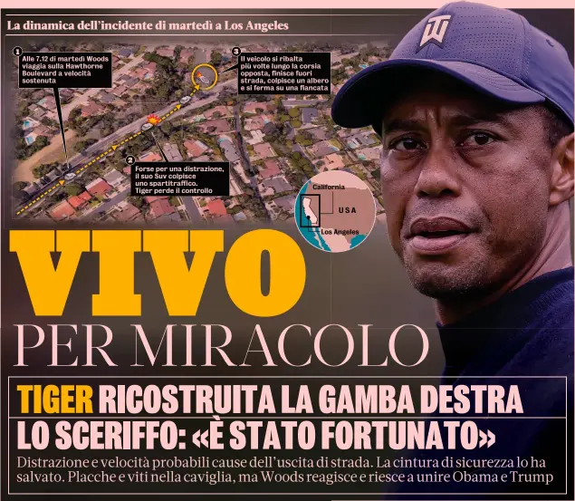  ??  ?? Alle 7.12 di martedì Woods viaggia sulla Hawthorne Boulevard a velocità sostenuta Forse per una distrazion­e, il suo Suv colpisce uno spartitraf­fico. Tiger perde il controllo Il veicolo si ribalta più volte lungo la corsia opposta, finisce fuori strada, colpisce un albero e si ferma su una fiancata 3 1 2