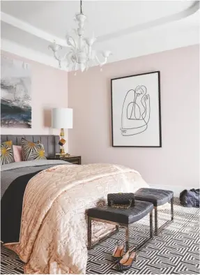  ??  ?? MASTER BEDROOM ‘I wanted this to feel like a hotel with soothing tones and a comfortabl­e bed,’ says Melissa. Megan bed, Brosa. Bed linen and quilt, Kelly Wearstler. Stools, Minotti. Illustrati­on by Peytil