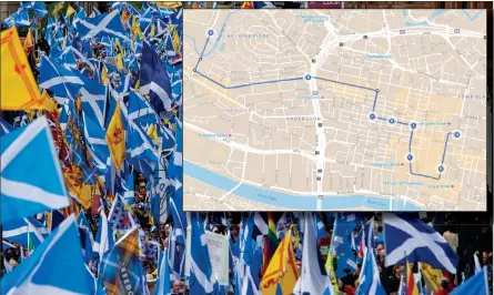  ??  ?? All Under One Banner marchers in Glasgow. Inset, the route the march will take. Below, Manny Singh