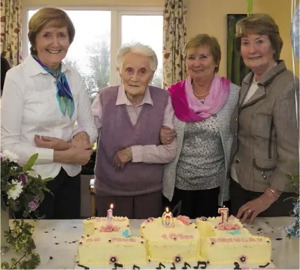  ??  ?? Stella Kelly from Wexford at her 101st birthday in Cherry Grove Nursing home in Horeswood with her daughters from left; Mary Dunn, Hilda Kenny and Margaret Hanifan.