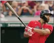  ?? TONY DEJAK — THE ASSOCIATED PRESS ?? Indians’ Bobby Bradley hits a two-run double in the third inning against the Tigers, Aug. 6, in Cleveland.