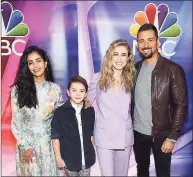  ?? Dimitrios Kambouris / TNS ?? From left, Parveen Kaur, Jack Messina, Melissa Roxburgh and J.R. Ramirez from “Manifest” attend the NBC Midseason New York Press Junket at Four Seasons Hotel New York on Jan. 23, 2020, in New York City.