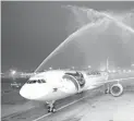  ??  ?? A water cannon salute
greets Cebu Pacific’s brand-new A330 aircraft, the first Philippine carrier to land in Dubai since 1998