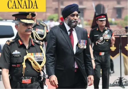  ?? MONEY SHARMA/AFP/GETTY IMAGES ?? Canadian Defence Minister Harjit Sajjan visited the Indian Ministry of Defence before a meeting with Indian Defence Minister Arun Jaitley in New Delhi Tuesday. The defence minister’s trip to his native country is designed to strengthen ties between...