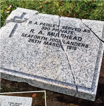  ??  ?? Targeted: Two of the three grave markers which were damaged by vandals at cemetery in Lanarkshir­e