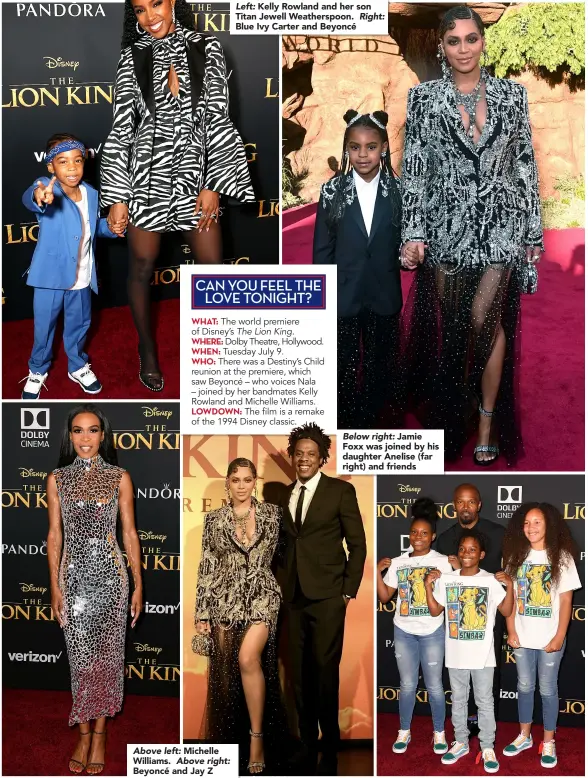  ??  ?? Above left: Michelle Williams. Above right: Beyoncé and Jay Z Left: Kelly Rowland and her son Titan Jewell Weatherspo­on. Right: Blue Ivy Carter and Beyoncé Below right: Jamie Foxx was joined by his daughter Anelise (far right) and friends