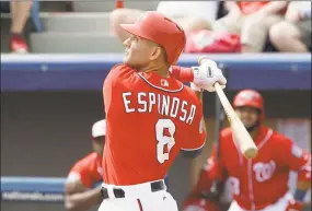  ?? John Raoux / Associated Press ?? Washington Nationals’ Danny Espinosa bats against the New York Mets in a spring training game on March 3, 2016, in Viera, Fla. Espinosa and the Mets have agreed to a minor-league contract with an invitation to spring training.